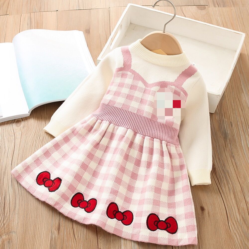 Ragazze Di Lana D 2023 Inverno Nuova Bambina Alla Moda Falso in Due Pezzi Del Fumetto Ricamato a Maniche Lunghe per Bambini_voghion.com