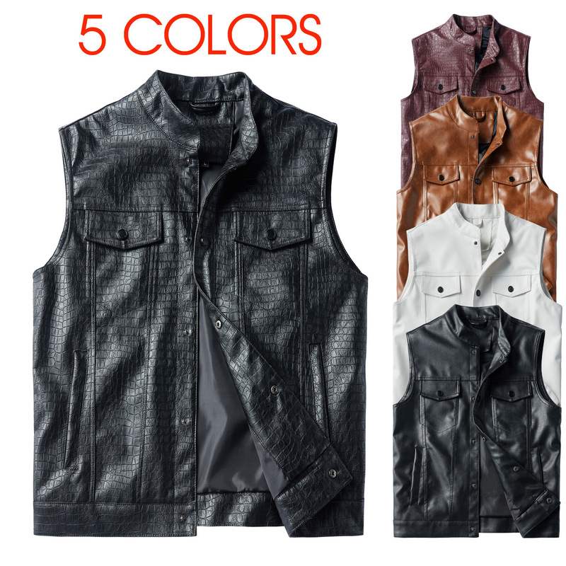 Cross-border New Men's Locomotive Multi-pocket pu Men's Casual Vest Sleeveless Collar Jacket Trendy Large Size Jacket