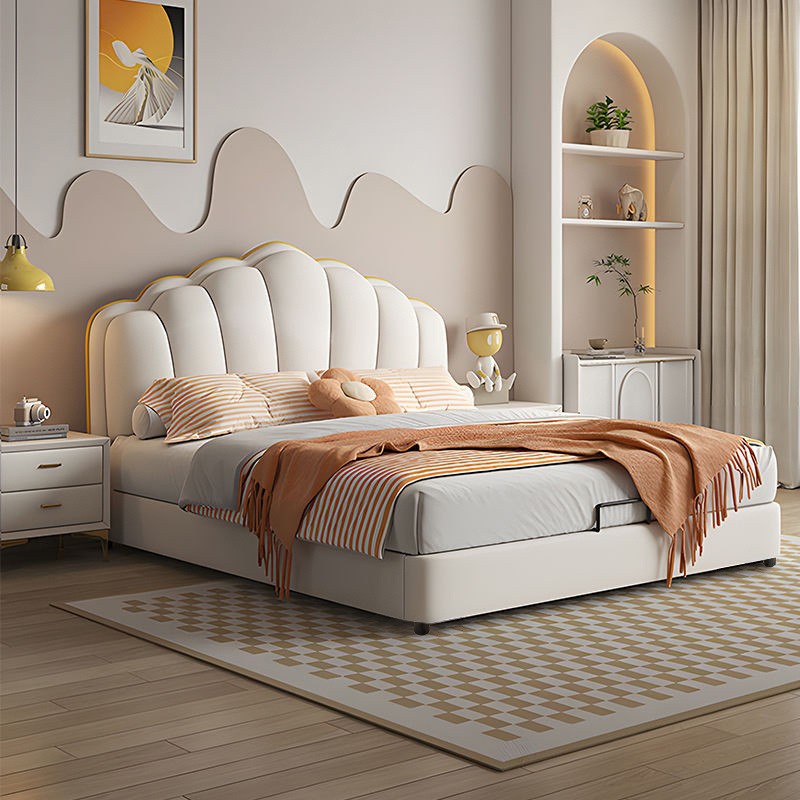 Children's Bed for Girls. American-Style Simple Leather Bed. Mi Home Shell Double Bed for Bedroom Romantic Storage