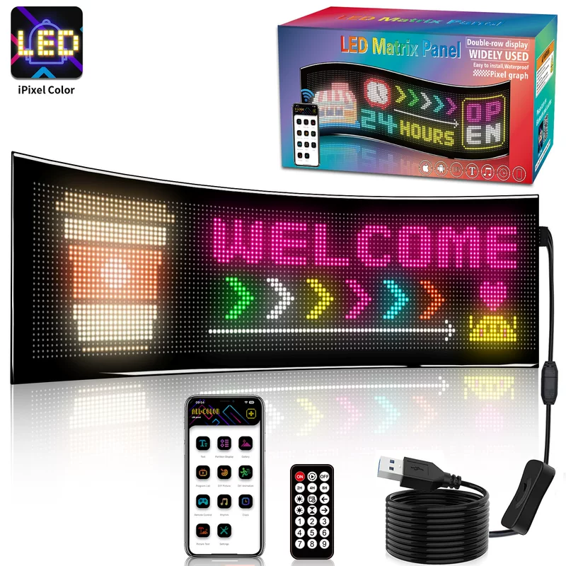 Гибкий LED-дисплей с наклейкой-окном экрана, рекламный экран внутри помещения, приложение, Bluetooth, прокрутка экрана и шрифт, полностью водонепроницаемый