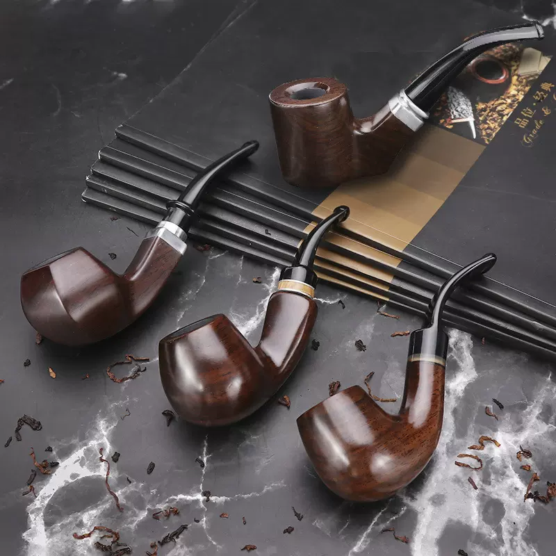 可代发速卖通亚马逊黑檀木烟斗 礼品烟具手工乌木弯式加圈烟斗