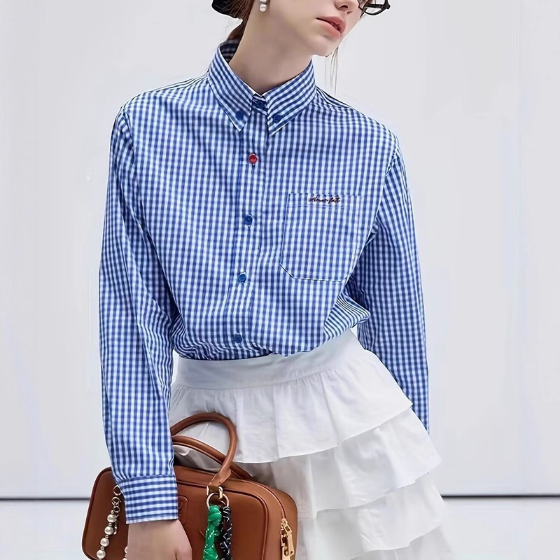 Blue Plaid Shirt Women's 2025 Autum New Literary Retro Miu Long-Sleeved Top