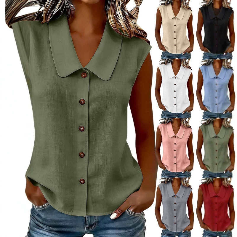 2026 European and American Cross-Border New Style Solid Color Cotton and Linen Lapel Sleeveless Top Loose Casual Versatile Multi-Color Women's Shirt