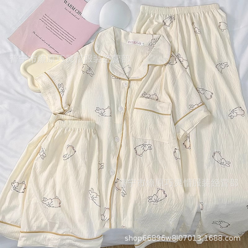 Red famosa nuevo pijama de mujer nubes de verano algodón pantalones cortos de manga corta pantalones largos de tres piezas de dibujos animados set de ropa para el hogar