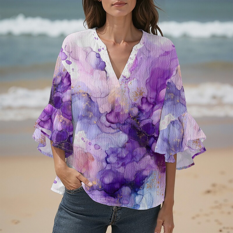3D New Cross-Border Creative Floral Element Print Digital Print Casual Trendy V-Neck Ruffled Edge T-Shirt for Women