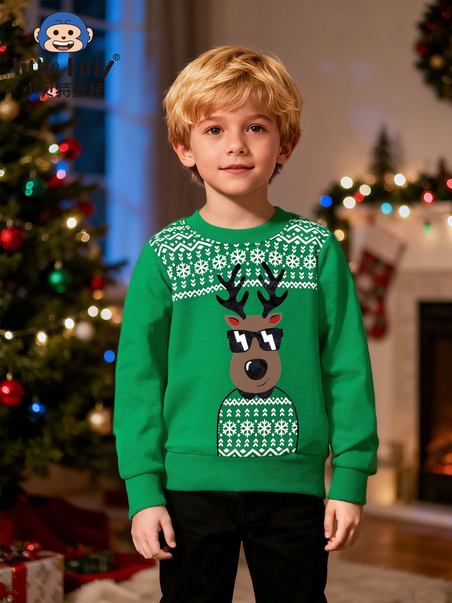 Christmas Cross-Border Children's Long-Sleeved Sweatshirt Autumn and Winter Cartoon Elk Print Pattern Round Neck Shirt Ready for Sale