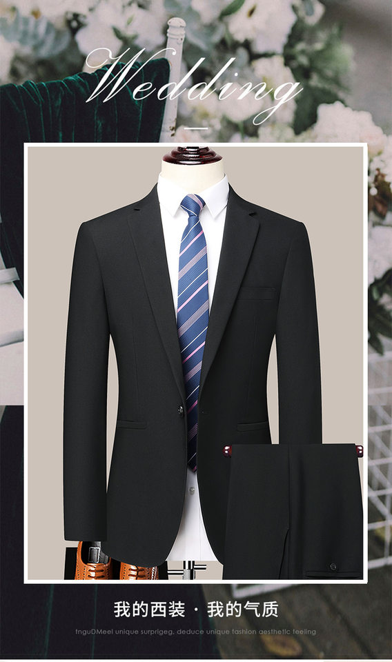Bộ vest nam công sở dáng thon, áo vest một hàng cúc xẻ tà bên hông, phù hợp đi làm và dự đám cưới — Màu đen, Xanh navy, Đen xanh lục chi tiết 1