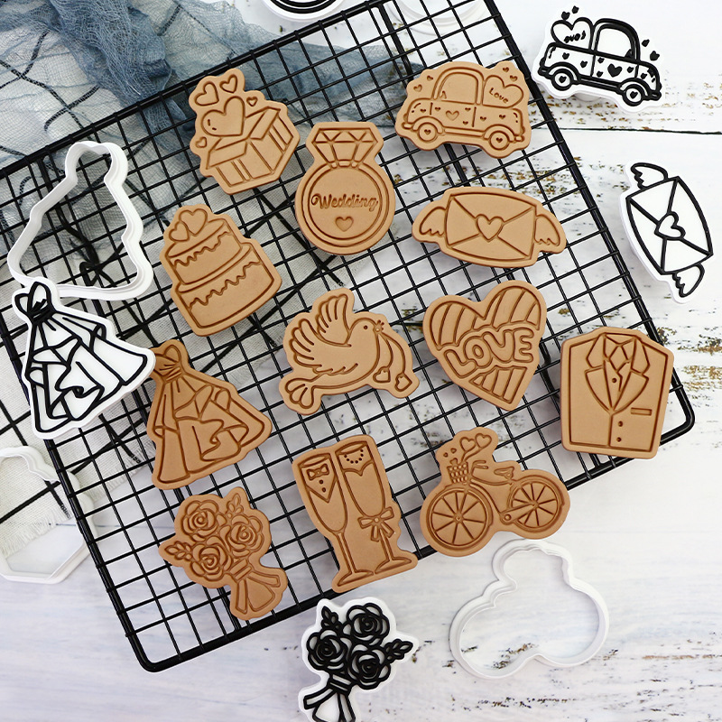 Boda temática molde de galletas fiesta horneado DIY molde de flip 3D estereoscopio prensado molde de corte de galletas heladas