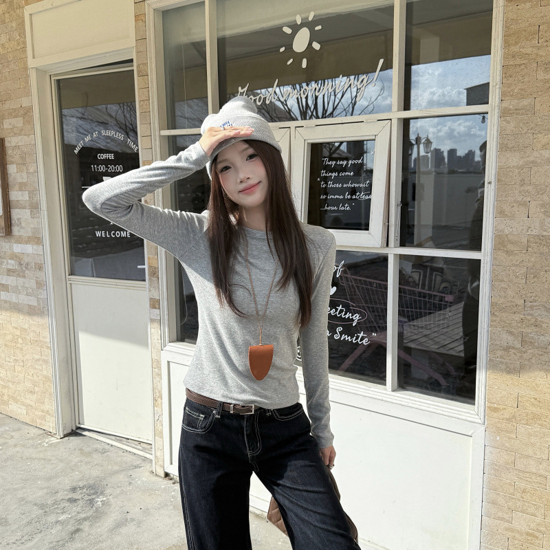 实拍#打底衫女内搭2025新款高级感chic别致上衣修身灰色长袖|undefined