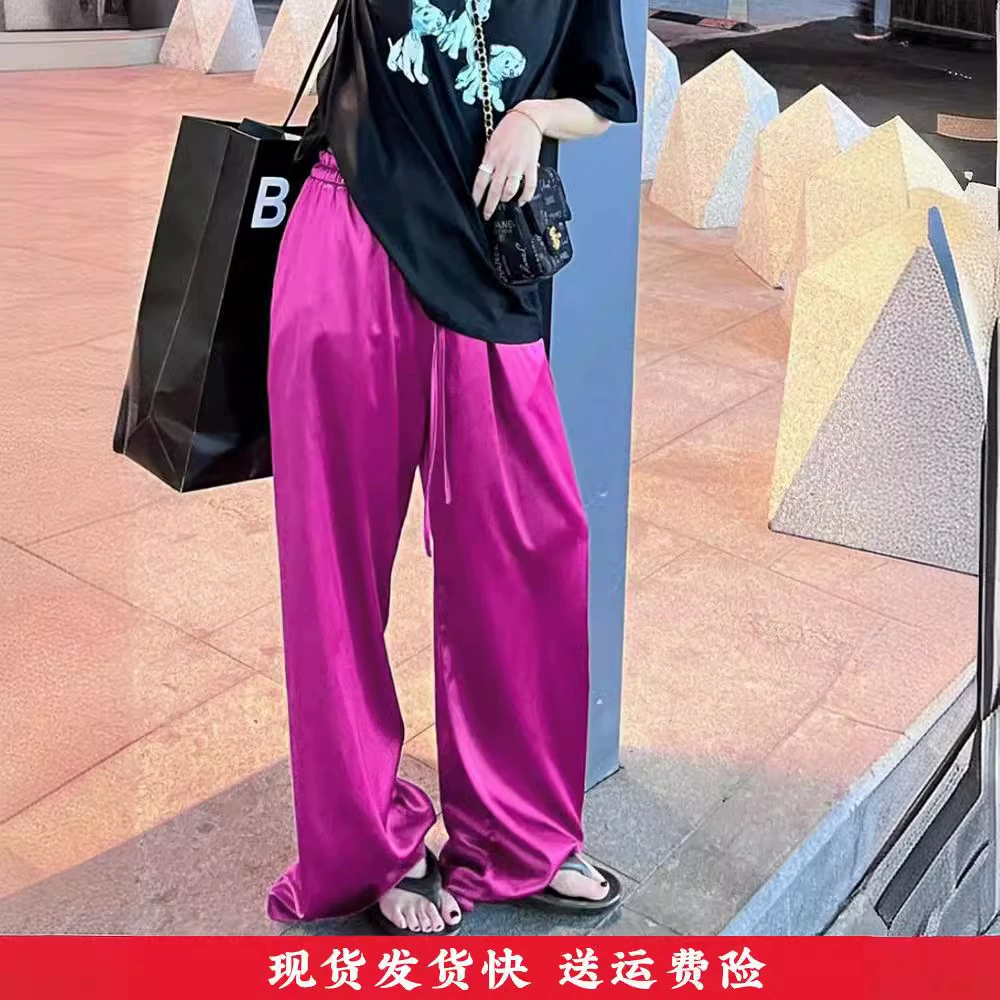 Летние тонкие атласные фиолетовые повседневные брюки для женщин 2025, новые широкие брюки из ледяного шелка, высокие прямые брюки