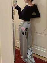 松弛少女棉粉色刺绣休闲裤女宽松直筒卫裤阔腿裤