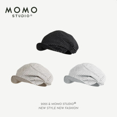 Moさんの日系レトロな縞模様の子供帽春夏綿麻通気性画家帽の小さなデザインのしわ蕾