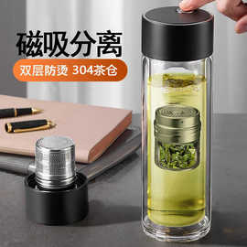 茶水分离杯磁弹泡茶杯磁吸杯耐高温玻璃杯便携茶水杯办公杯子礼品