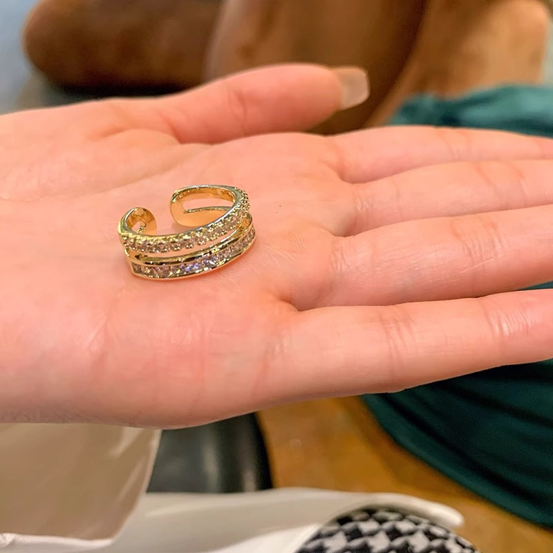 Light luxury copper-plated zircon ring, feminine and high-end, open adjustable super flash ring, simple popular ins style