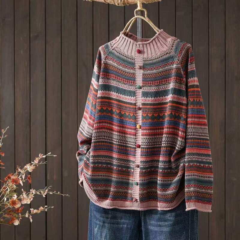 Guka Clothing Autumn and Winter Retro Colorful Button Striped Knit Sweater Women's Half-Turtleneck Rolled Edge Artistic Loose Long-Sleeve Sweater