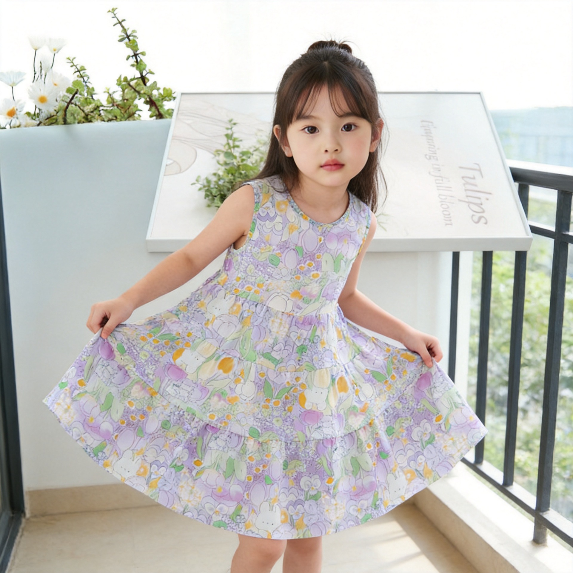 【Floral Cotton Silk Dress】Children's Cotton Silk Dress, Home Wear, Cartoon Casual Style, Summer Princess Dress