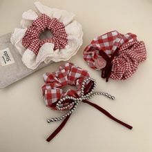 节日发饰酒红飘带蝴蝶结红色格纹大肠发圈时尚甜美少女丸子头发绳