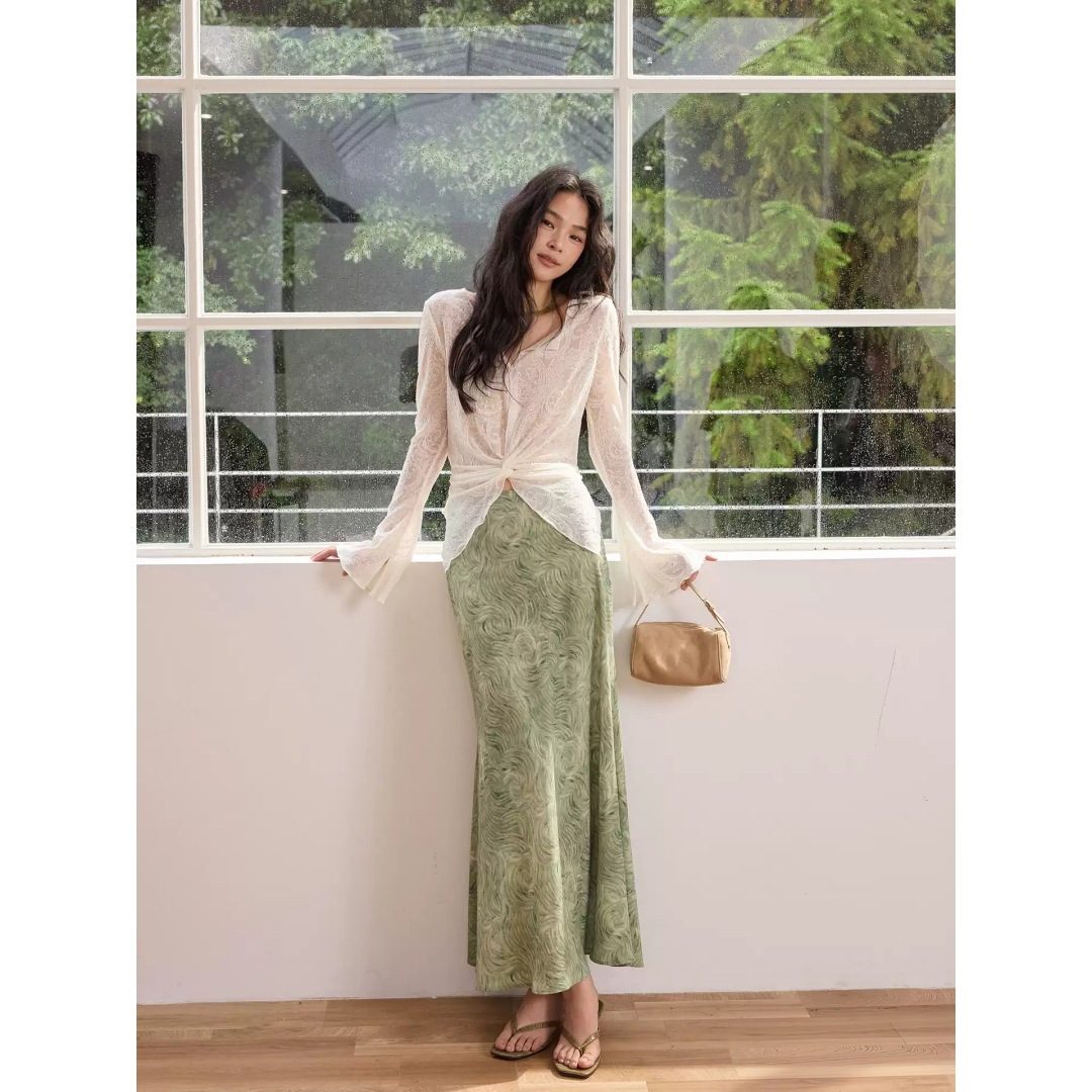 茵禾STUDIO 浅碧流纹 艺术感油画风高腰垂感飘逸大摆半身裙