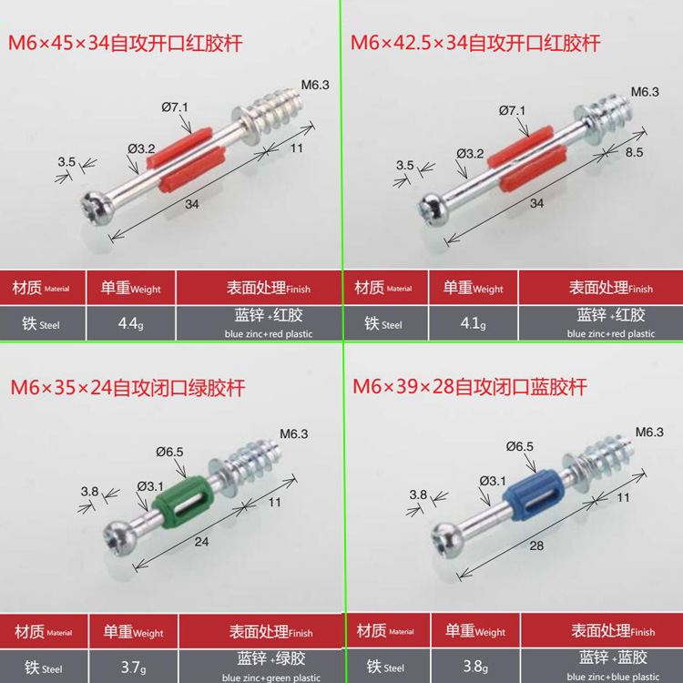 32,5/35/39/42/44/45mm placa del Gabinete dos-en-una varilla de plástico autorroscante tres-en-una varilla con posicionamiento