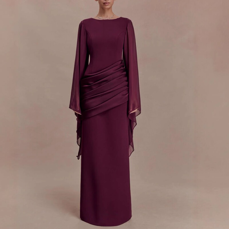2026 Spring and Autumn New European and American Amazon Cross-Border Foreign Trade Women's Chiffon Dress with Waist-Cinching and Draped Sleeves Long Dress 2026 Spring and Autumn New European and American Amazon Cross-Border Foreign Trade Women's Chiffon Dress with Waist-Cinching and Draped Sleeves Long Dress