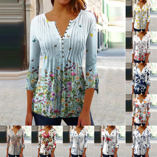 Classic Floral Women's All-match Top Single-breasted Women's Mid-sleeve Loose Half-cardigan Hot Selling 3D Digital Printing