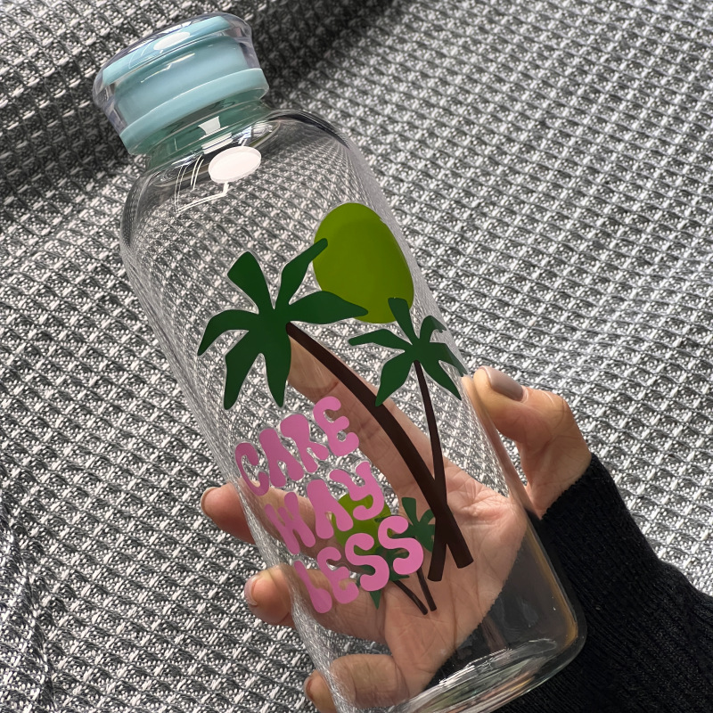 新款學生大容量高硼硅玻璃杯卡通吸管隨手杯夏季可愛花茶玻璃杯子