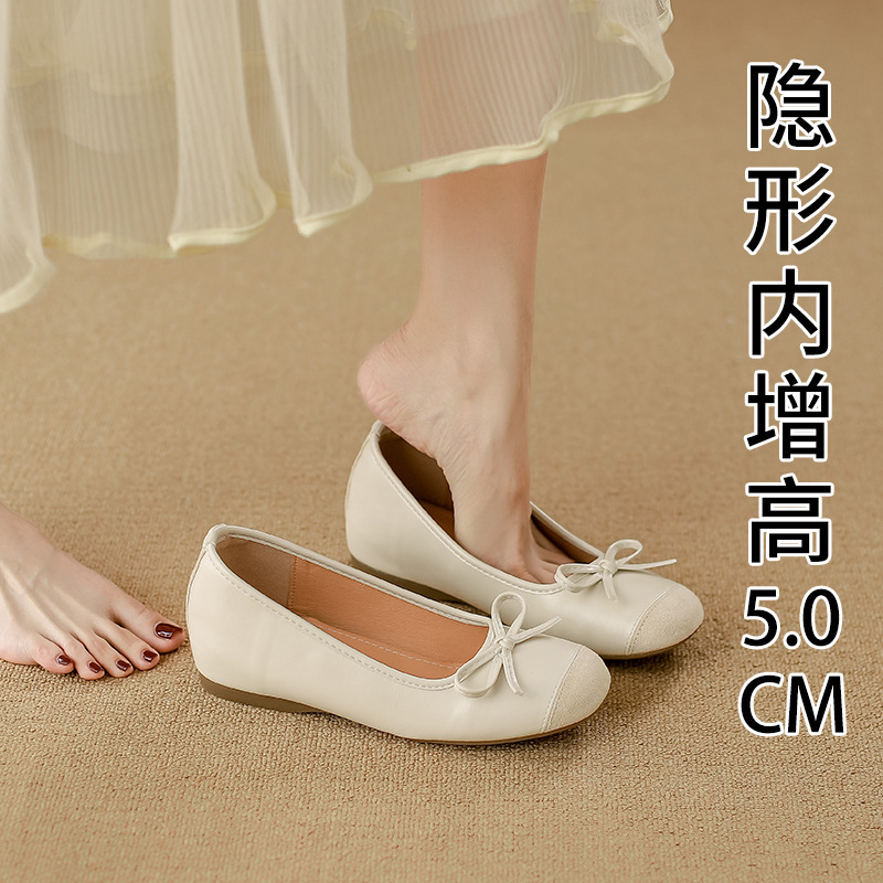 Genuine Leather Inner Height Increase ~ French Soft Leather Small Fragrant Style Thick Heel Flats Women's Bow Granny Shoes Flats Ballet Shoes