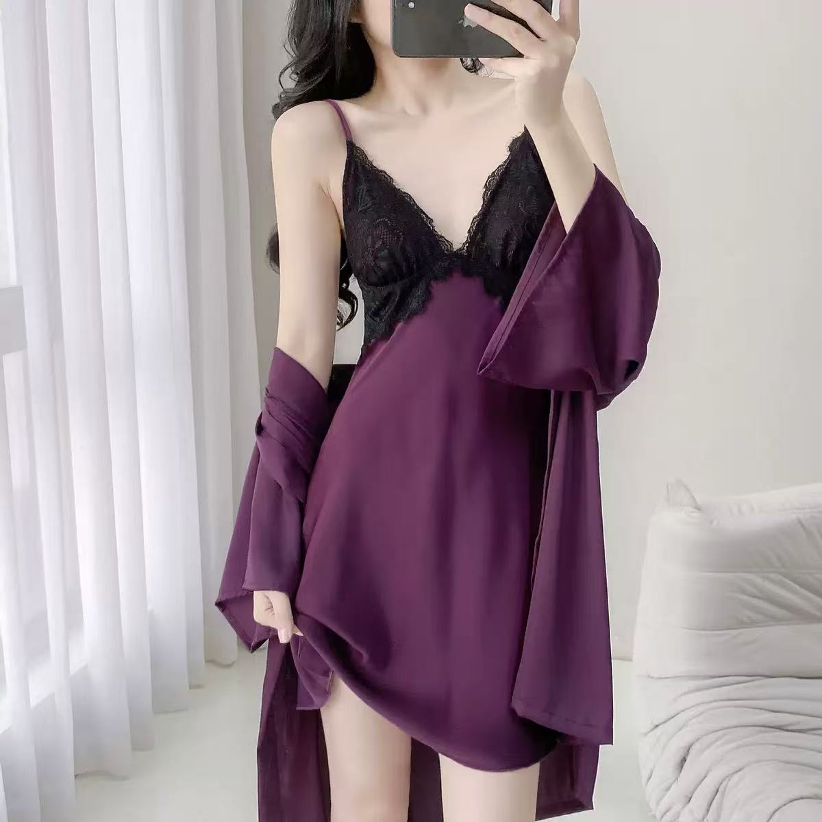 블랙 레이스 짧은 보라색 서스펜더 스커트 + 가슴 패드 + 겉옷