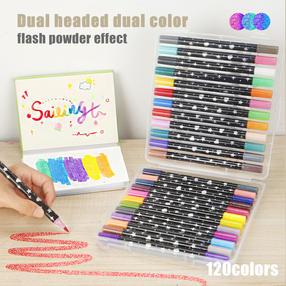 Amazon's Best-Selling Double-Ended Dual-Color Glitter Marker Pen, Fluorescent Marker Pen for Students' Drawing and Graffiti