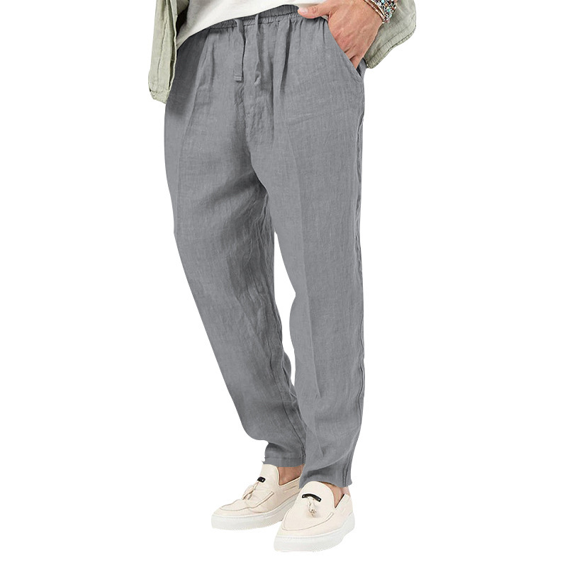2024 Summer New Thin Men's Fashion Large Solid Casual Drawstring Cotton Hemp Pants_voghion.com