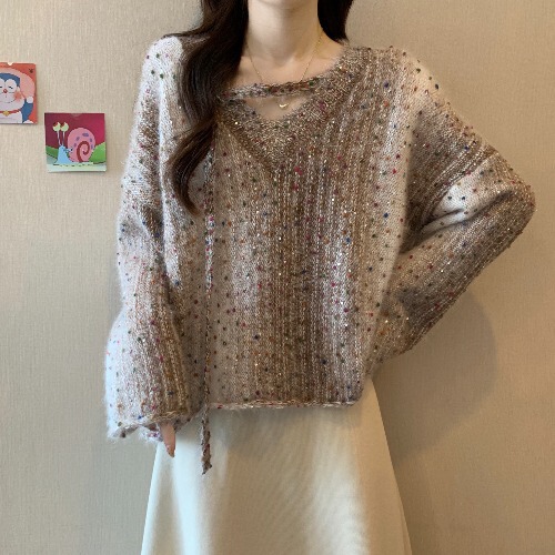 High-End and Super Nice Colorful Dot V-Neck Knitwear for Women in Autumn and Winter Large Size Fat mm Unique and Beautiful Short Knitwear Top