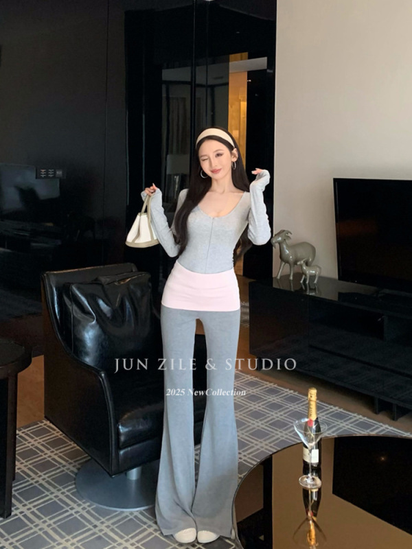 小个子绝美小套装韩女曲线V领修身打底衫长袖上衣撞色微喇叭长裤|undefined