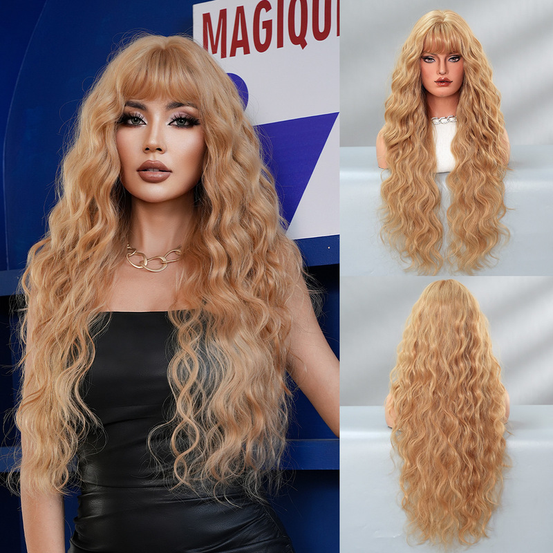 ヨーロッパとアメリカの人気の女性用ゴールデンウィッグ、ロングカーリーヘア、高温シルク、高品質化学繊維、パーティーステージパフォーマンスウィッグ、フルウィッグ|undefined