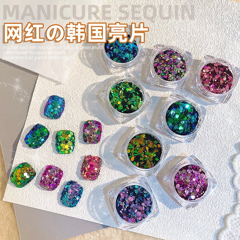 INS Venta caliente Manicura en línea celebridad Corea del Sur lentejuelas láser brillo mixto de seis lados decoración de parches de uñas japonesas