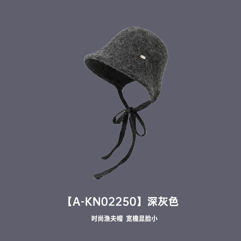 韩版简约复古长系带针织水桶帽女秋冬出游百搭遮脸显脸小毛线盆帽|undefined