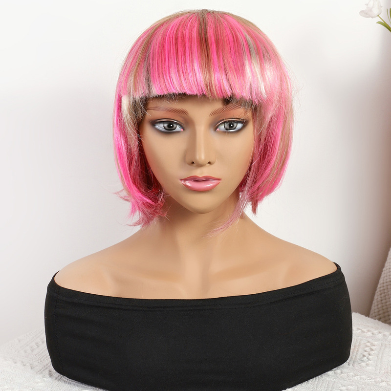 Cross-border new pink gradient long straight 12-inch lace-free straight wig, European and Brazilian style