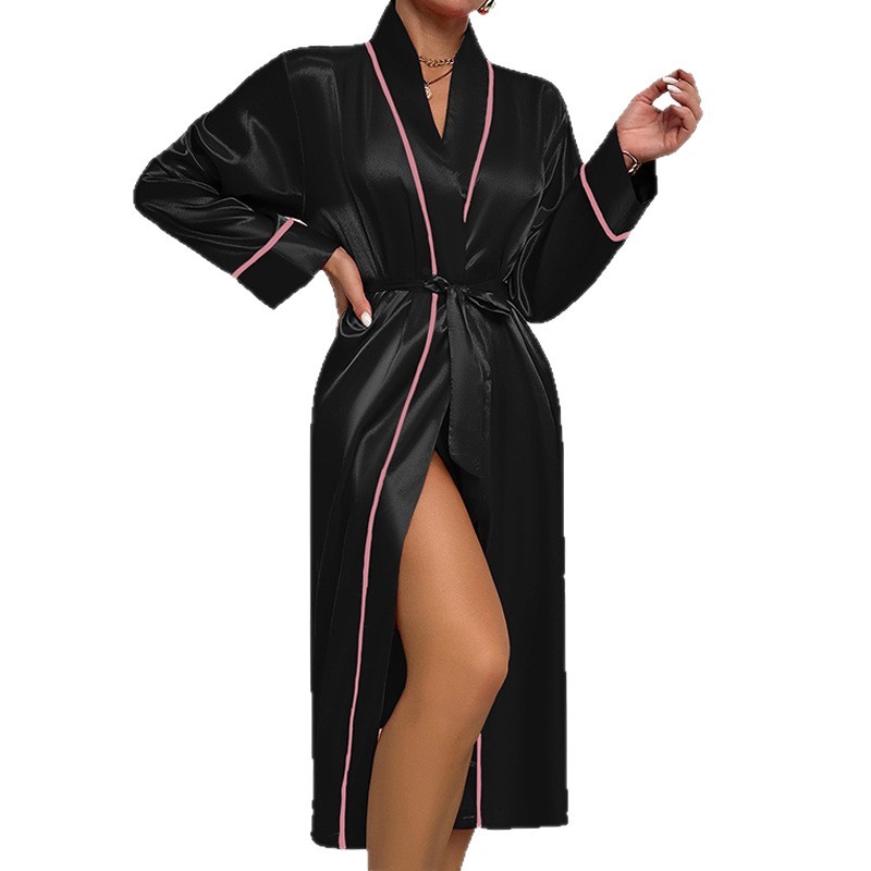 Seidennachthemd für Damen, V-Ausschnitt, lange Ärmel, sexy, tailliert, Cardigan-Robe, hochwertige Nachtwäsche für Frühling und Herbst_voghion.com