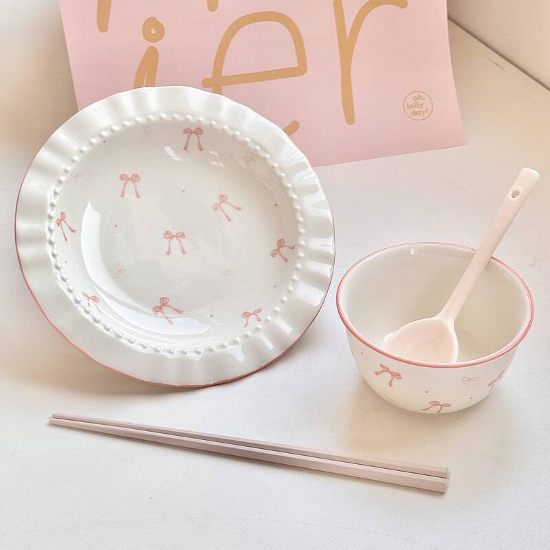 粉色ins风蝴蝶结陶瓷餐具套装面碗家用饭碗盘子釉下彩好看少女心|undefined