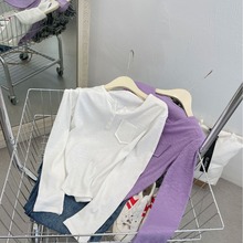 2024韩版新品长袖T恤弹力宽松紫色打底衫东大门做旧圆领女装潮牌