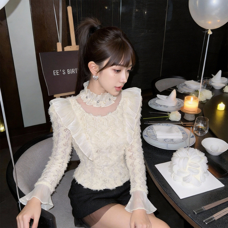 French court-style lace top with stand-up collar, beaded ruffles, waist-cinching, slimming, short and elegant blouse for women 15608 French court-style lace top with stand-up collar, beaded ruffles, waist-cinching, slimming, short and elegant blouse for women 15608