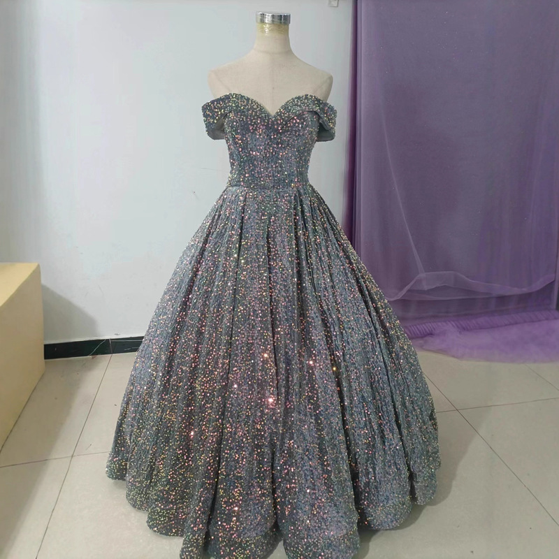 European and American Bridal Wedding Dress for Women 2026 Color-Changing Sequin Prom Performance Dress One-Shoulder Puffy Skirt Adult Dress