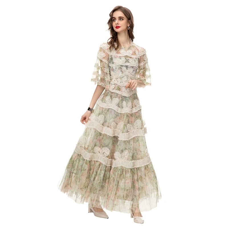 Lace Mesh Dress Mid-Length Slim Multi-Layered Tassel Flower Embroidery See-Through Round Neck Pastoral Style Banquet Dress