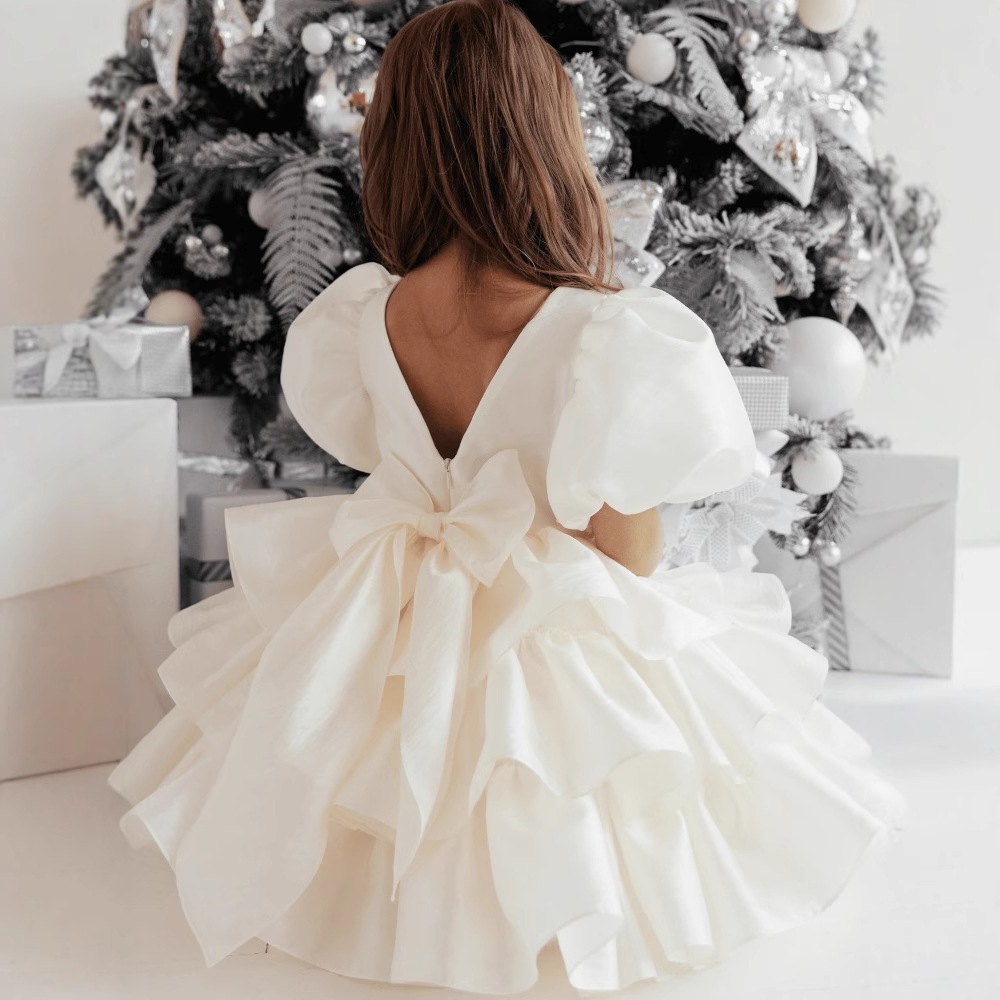 Elegante abito da bambina con motivo floreale e fiocco - Abito da festa in stile principessa per matrimoni, compleanni e Natale (avorio/bianco/rosa/rosa, 80-160 cm)_voghion.com