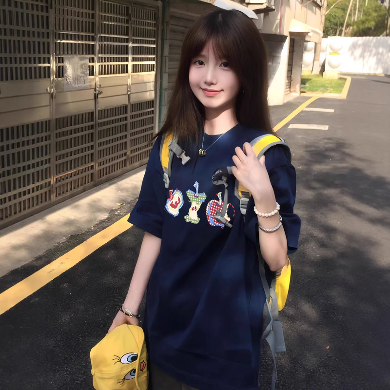 Plus-Size American-Style Navy Blue Short-Sleeve T-Shirt for Women, Summer Loose Fit Top for Middle and High School Students