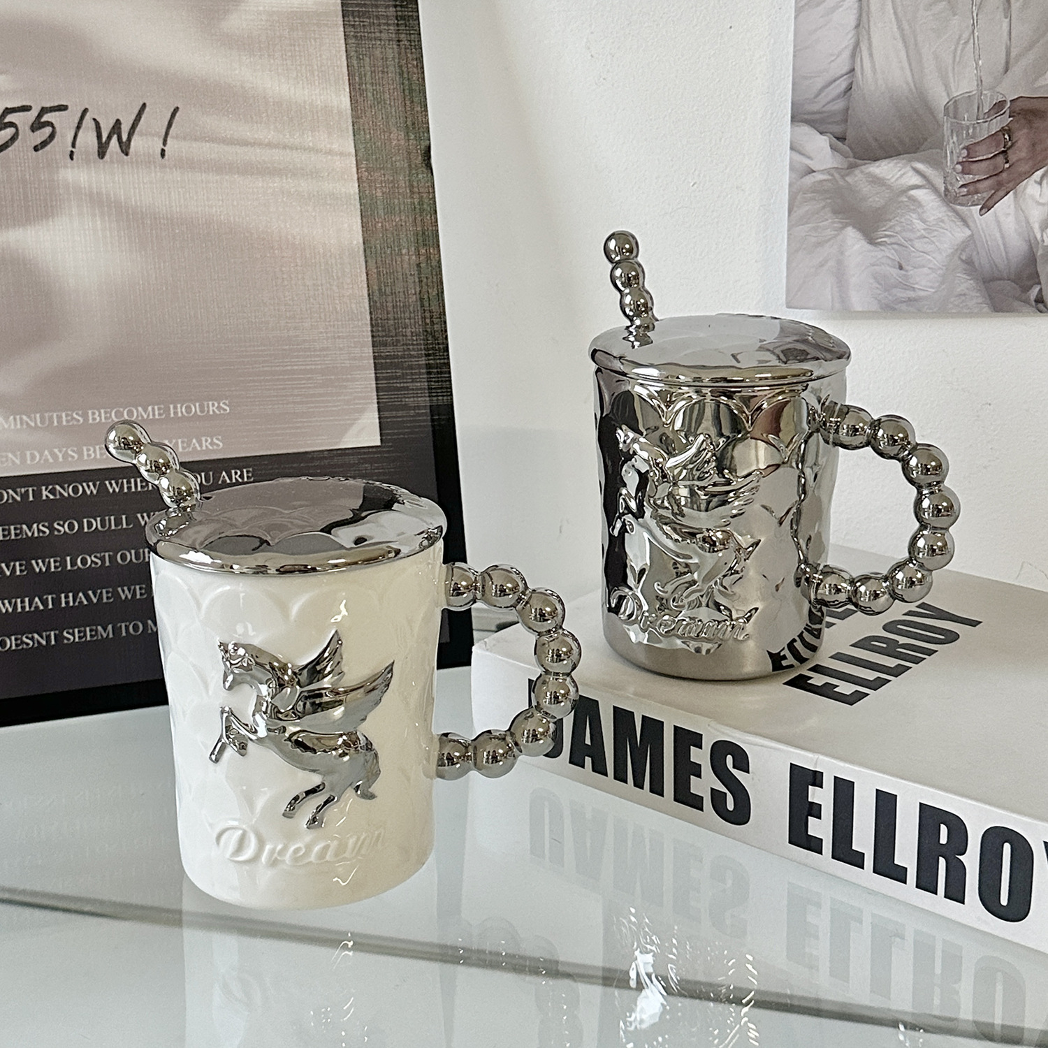 Ins-style High-End Ceramic Cup with Lid and Spoon for Girls, Simple Water Cup, Couple Office Coffee Cup