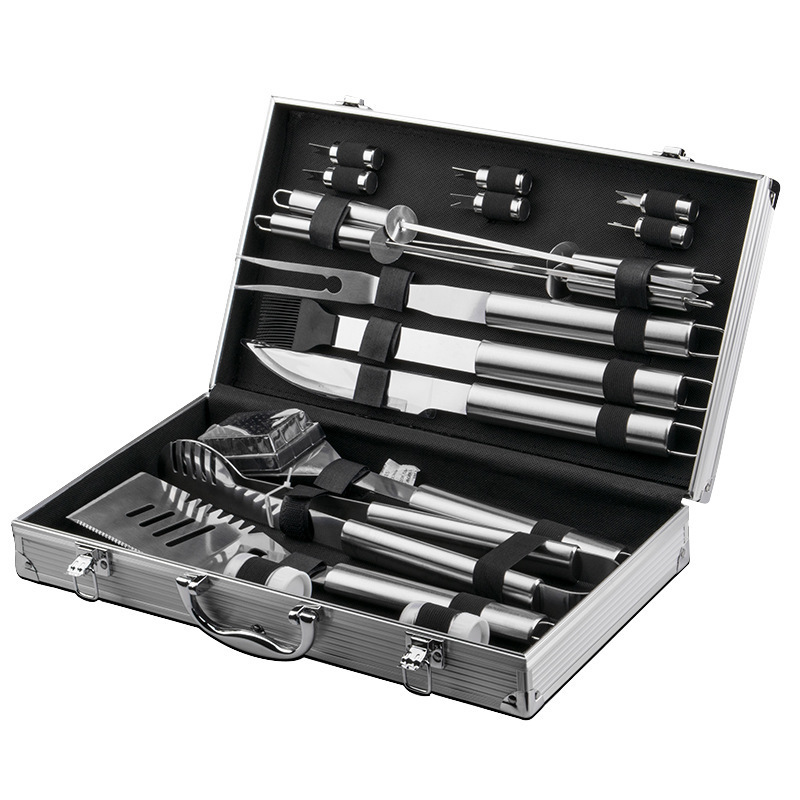Juego de caja de aluminio para hornear de acero inoxidable, cuchillo y tenedor para hornear, cepillo de pala, juego de combinación de herramientas de barbacoa para barbacoa conveniente para exteriores