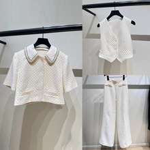 法式小众 2025早春轻奢烫钻珠饰翻领短上衣马甲长裤三件套装24967