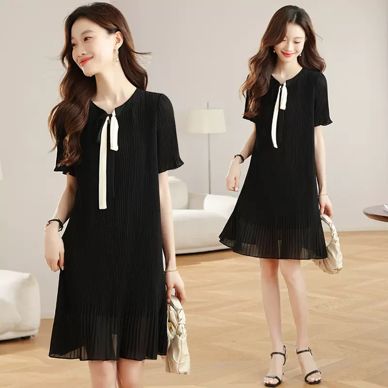 百褶裙女夏季新款宽松遮肉显瘦气质小黑裙胖mm休闲雪纺连衣裙