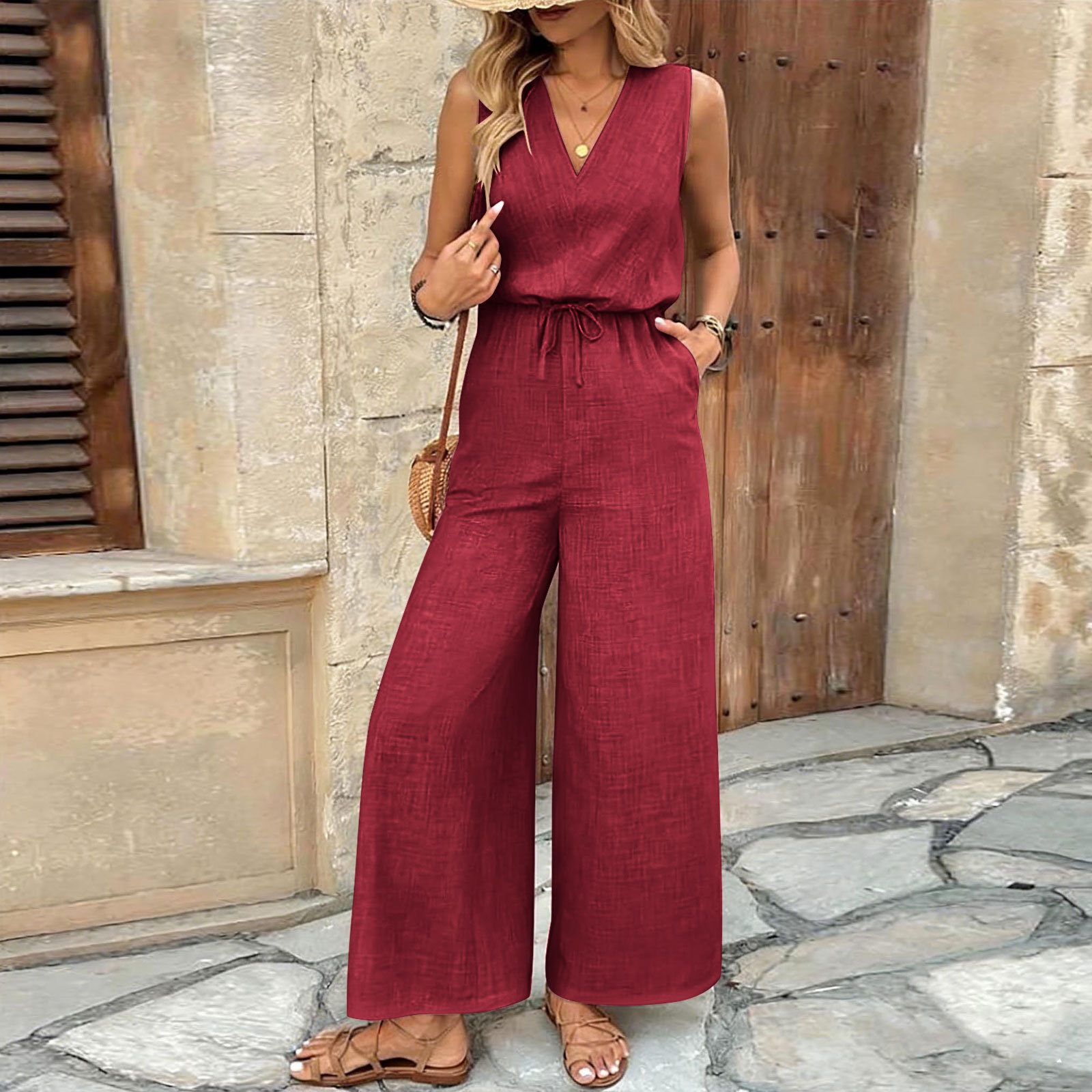 2026 verano nuevo comercio exterior transfronterizo de Europa y América fuente de tejido de color sólido temperamento de moda sin mangas pantalones de mujer monje