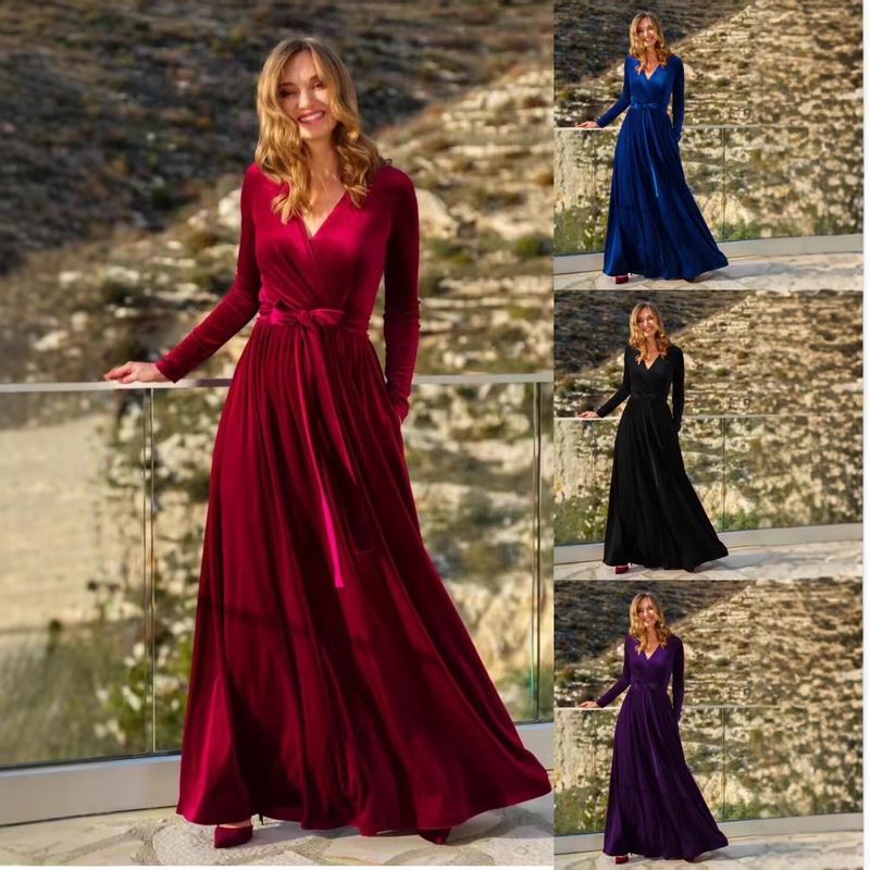Women's Autumn and Winter New Korean Velvet Elegant Elegant Fashionable Lady Style Long V Neck Ladies Bridesmaid Dress